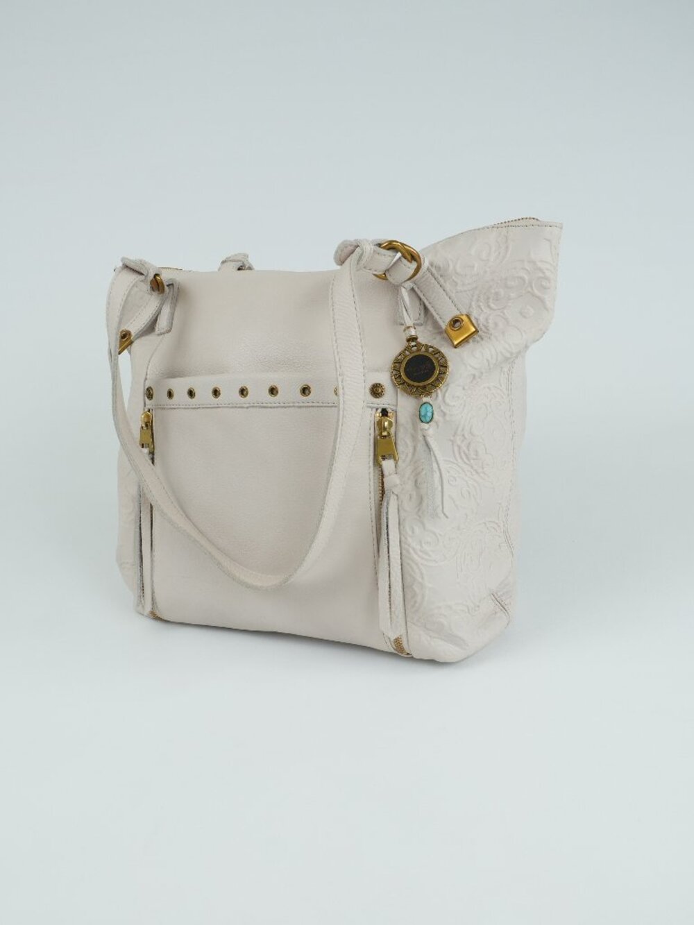 The Sak Ojai Shoulder Tote Bag Cream Embossed Leather